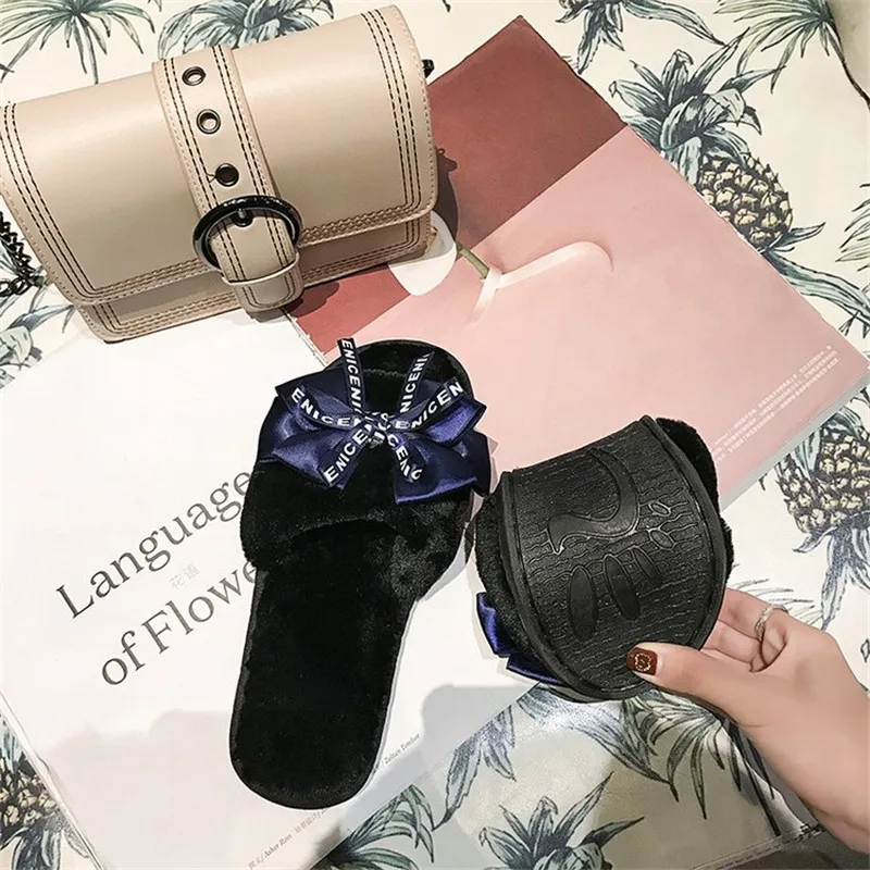 Ladies Plush Home Slippers 2022 Winter Fashion New Style Artificial Fur Warm Shoes Flat-Bottom Comfortable Cute Slippers Lady