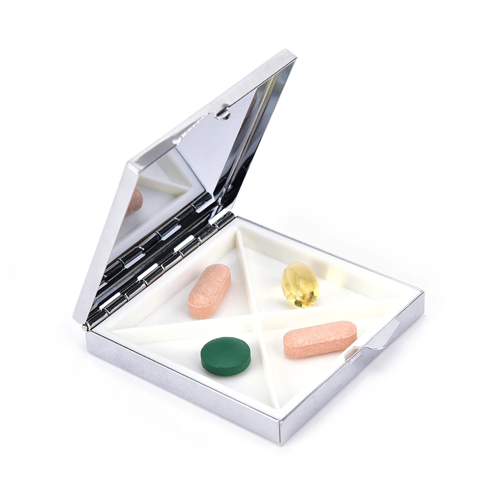 

1Pc Metal 1/4 Grid Moistureproof Medicine Holder Pill Storage Box Silver Color 2 Styles