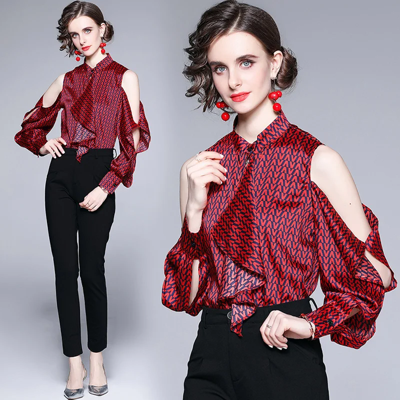 

Willstage женская красная рубашка с буквенным принтом с оборками Сексуальная Блузка с открытыми плечами с длинным рукавом элегантные женские т...