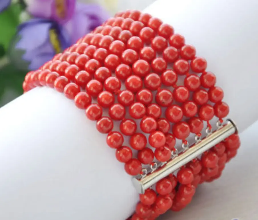 

Real 8row 7.5" 6MM round red coral bead bracelet magnet AAA