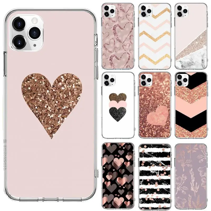 

Love Heart Gold Rose Marble Stripes Phone Case Transparent for iPhone 6 7 8 11 12 s mini pro X XS XR MAX Plus cover funda shell