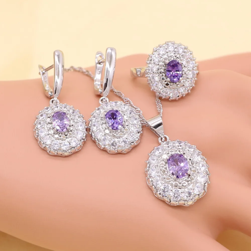 Фиолетовый фианит белый кристалл Серебряный цветной Свадебный комплект