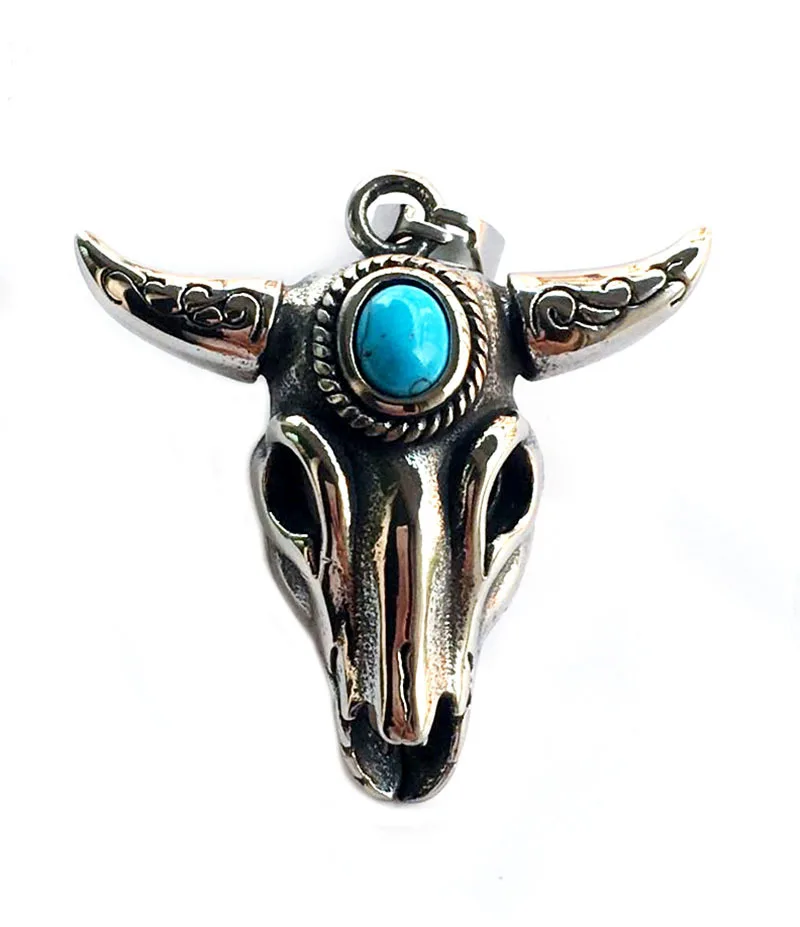 

charming Sterling Silver Men's Turquoise skull Ox head Pendant