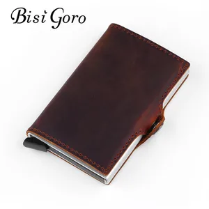 bisi goro 2019 genuine leather unisex business card holder metal rfid blocking mini slim credit crad wallet hasp travel purse free global shipping