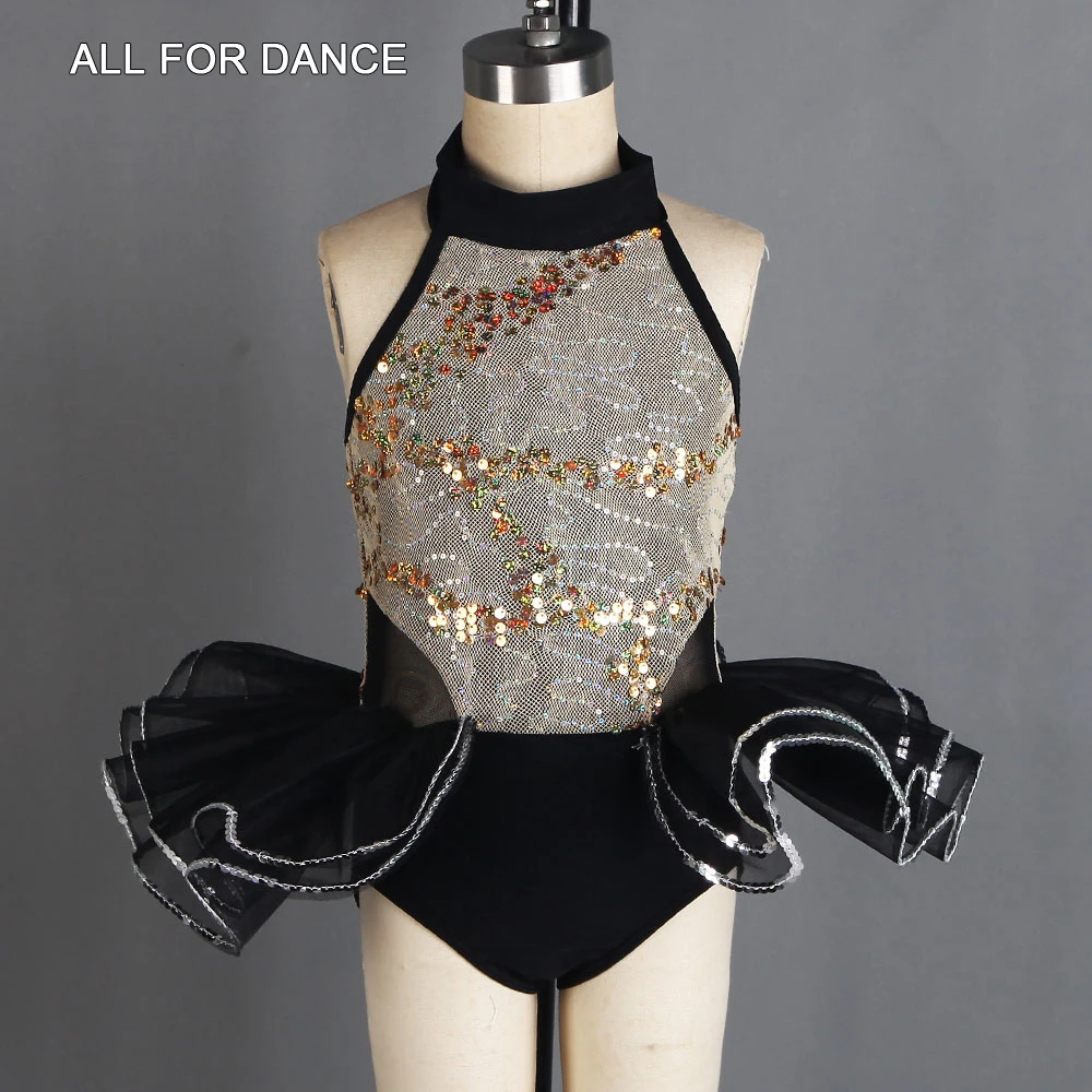 Топ с золотыми блестками и черным спандексом Джаз/танцевальный костюм для