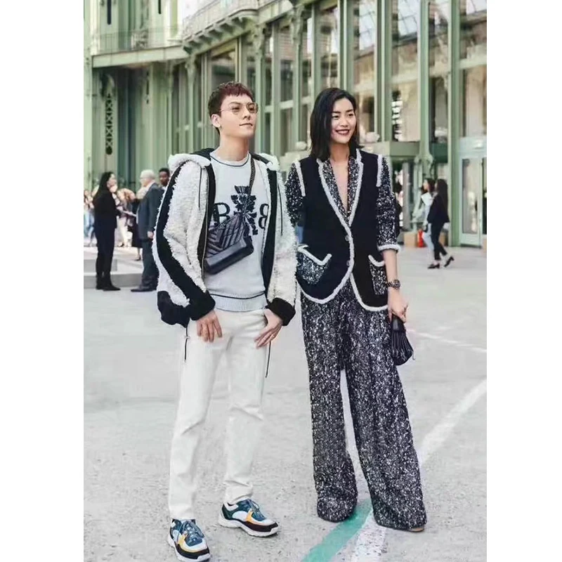 2019 autumn and winter new women's black white tweed color matching jacket + wide leg pants temperament suit | Женская одежда
