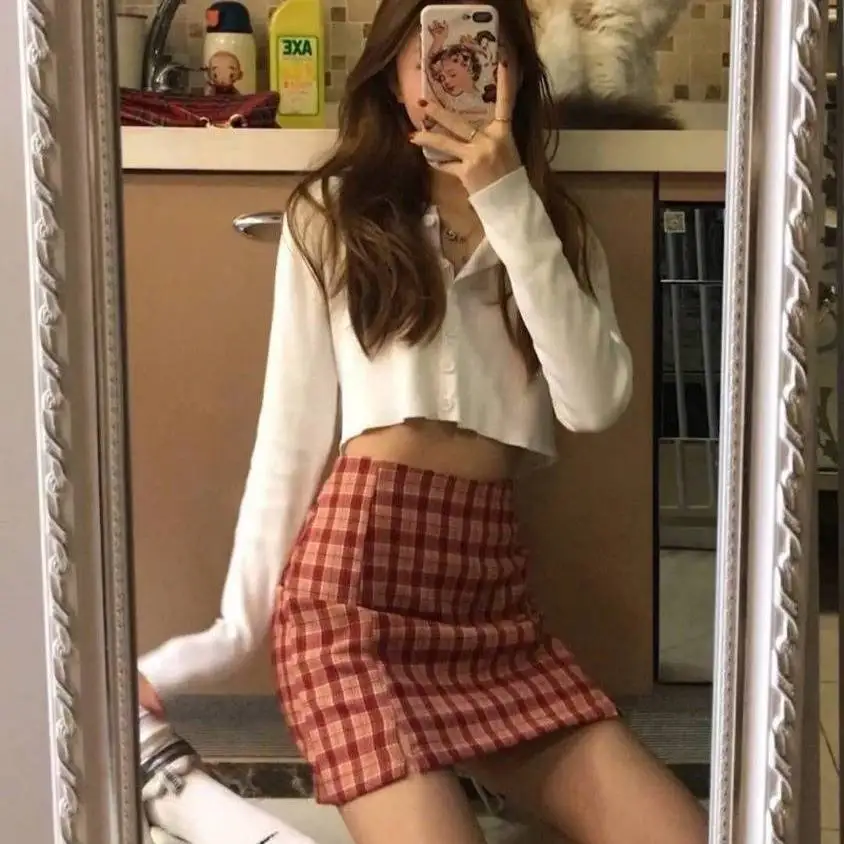 

Women Split Plaid Mini Skirt with Under Shorts Mini Skort In Check