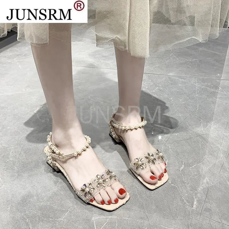 

Rimocy Crystal Pearl Women Sandals Summer Fashion Square Toes Party Sandalias Mujer 2021 Outdoor Light Breathable Shoes Woman