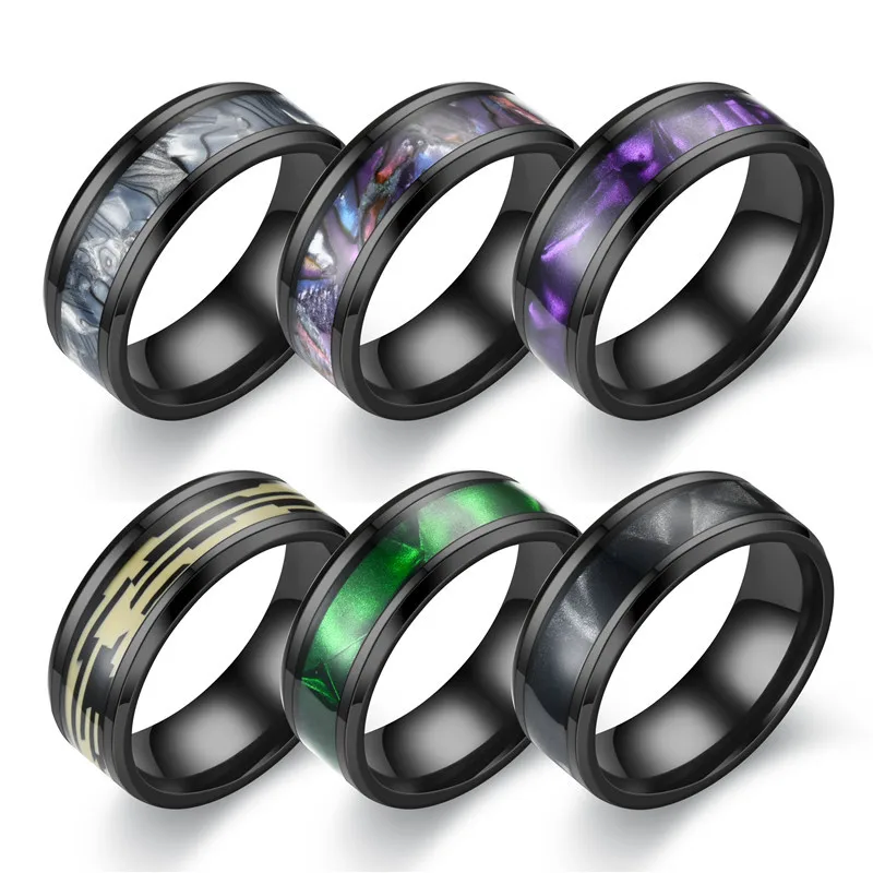 

BAECYT New 8mm Stainless Steel Fashion Men Rings Inlaid Abalone Shell Wedding Band Jewelry For Women Men Finger Ring Accessories