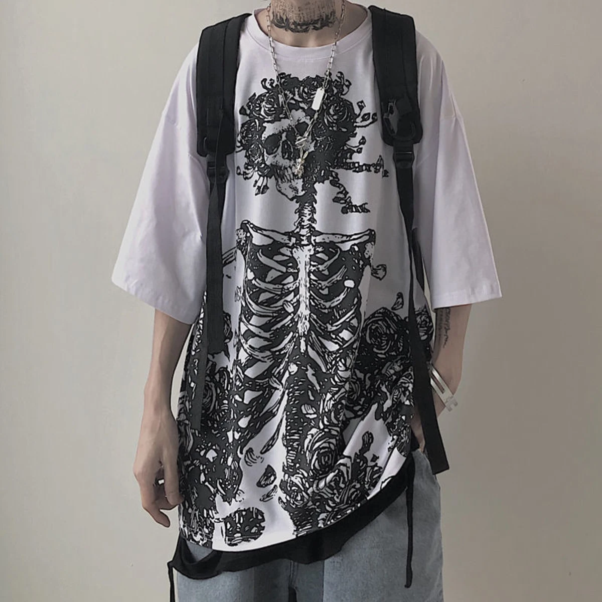 

Halloween T Shirt For Men Rose Skull Printed Goth Tee Graphic Hip Hop Oversized Gothic Clothes Street Fashion Loose