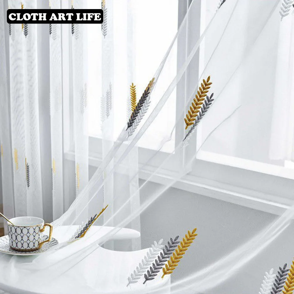 

2021 Simple Pastoral Off-white Yellow Wheat Ear Embroidery Window Screen Gauze White Tulle for Living Room Curtain Drapes