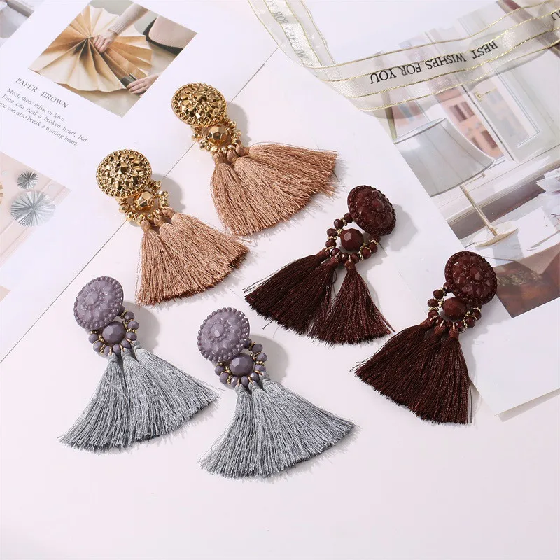 Богемные серьги с кисточками и кристаллами длинные висячие для женщин бахромой