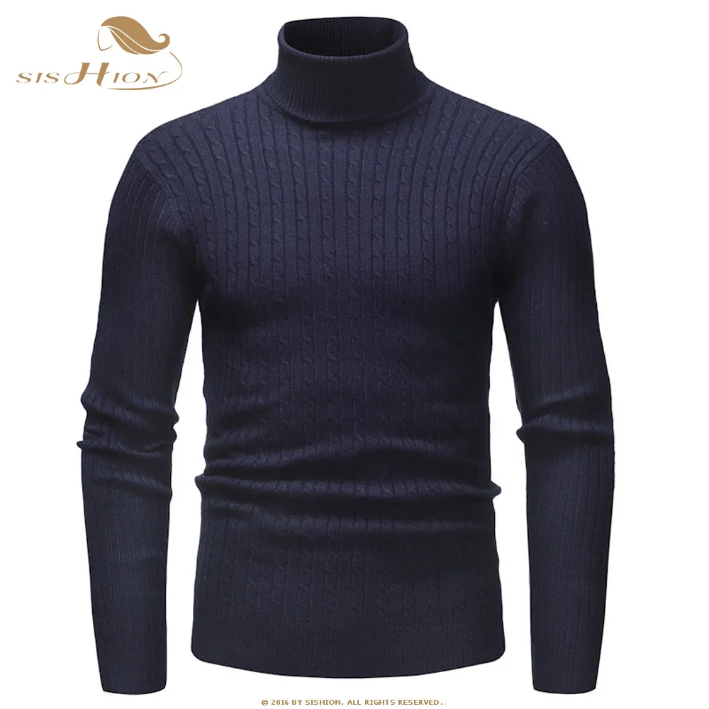 Navy-Blue SISHION осенний теплый свитер с воротником под горло мужской модный однотонный вязаный мужской s свитер QY0336 Повседневный тонкий пуловер Mem - Цвет: Navy-Blue
