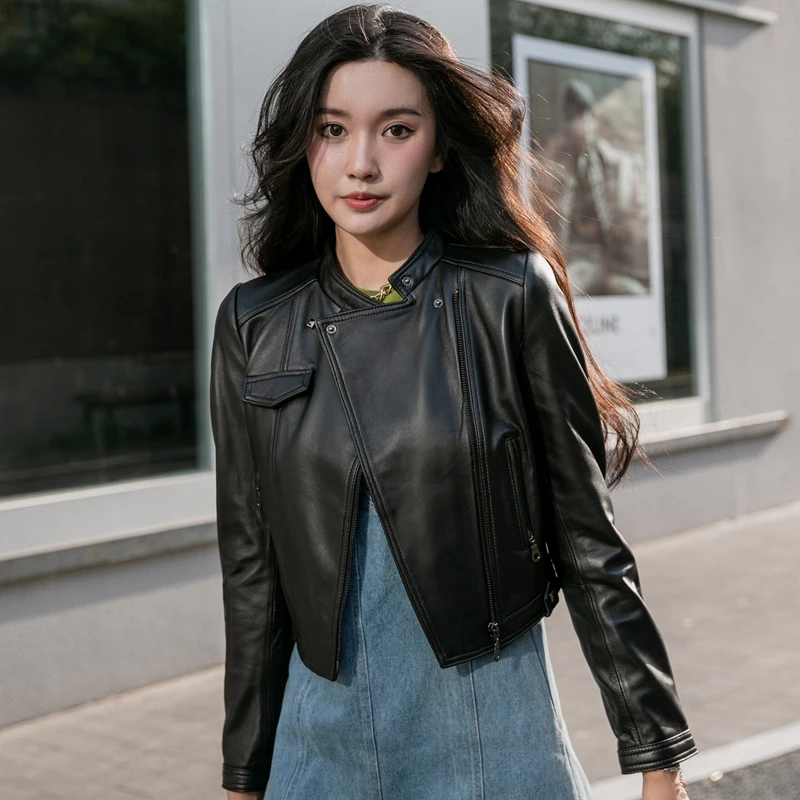

JCHB 2021 jacket Women's leather new autumn Korean style sheep leather jacket short slim leather motorcycle clothing fashion