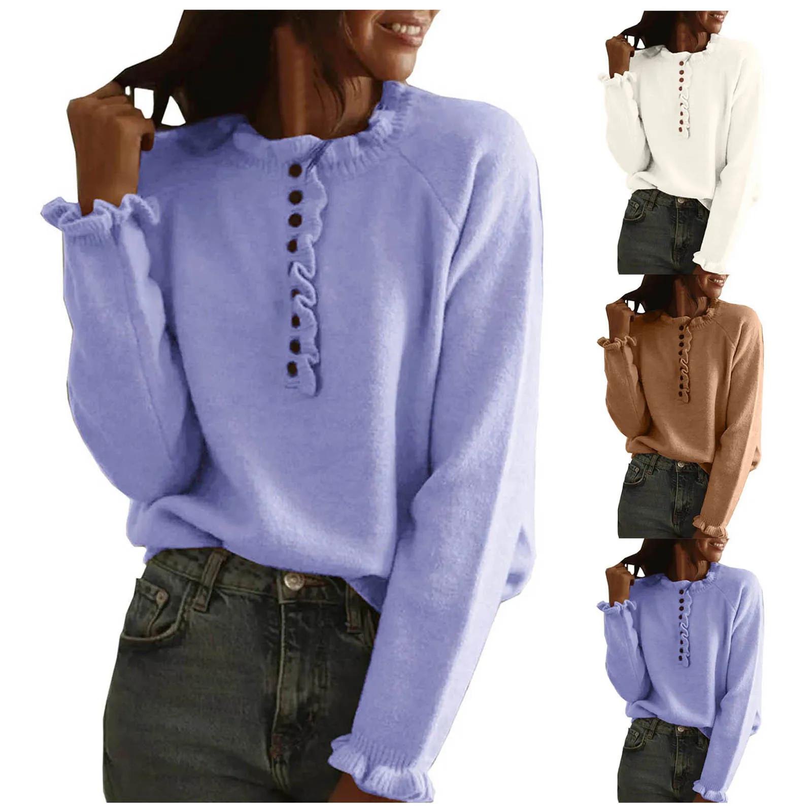 

Women'S Long-Sleeved Oversized Top Casual Solid Color Button Sweater Ruffled Knitted Pullover Casual