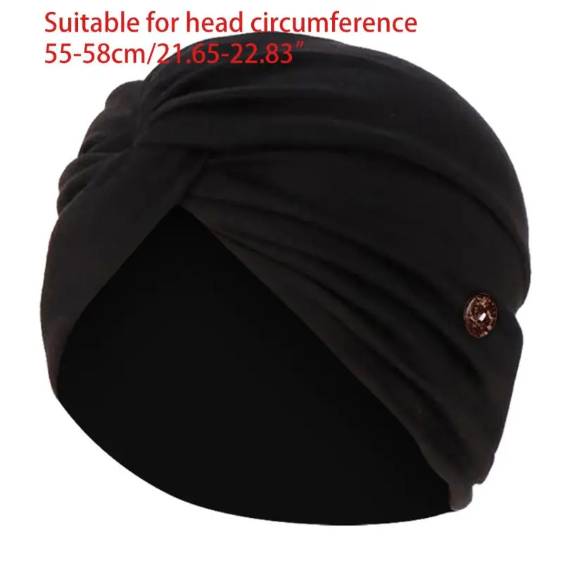 

Women Muslim Turban Cap with Button Ear Protection Tie Knot Hair Loss Chemo Hat