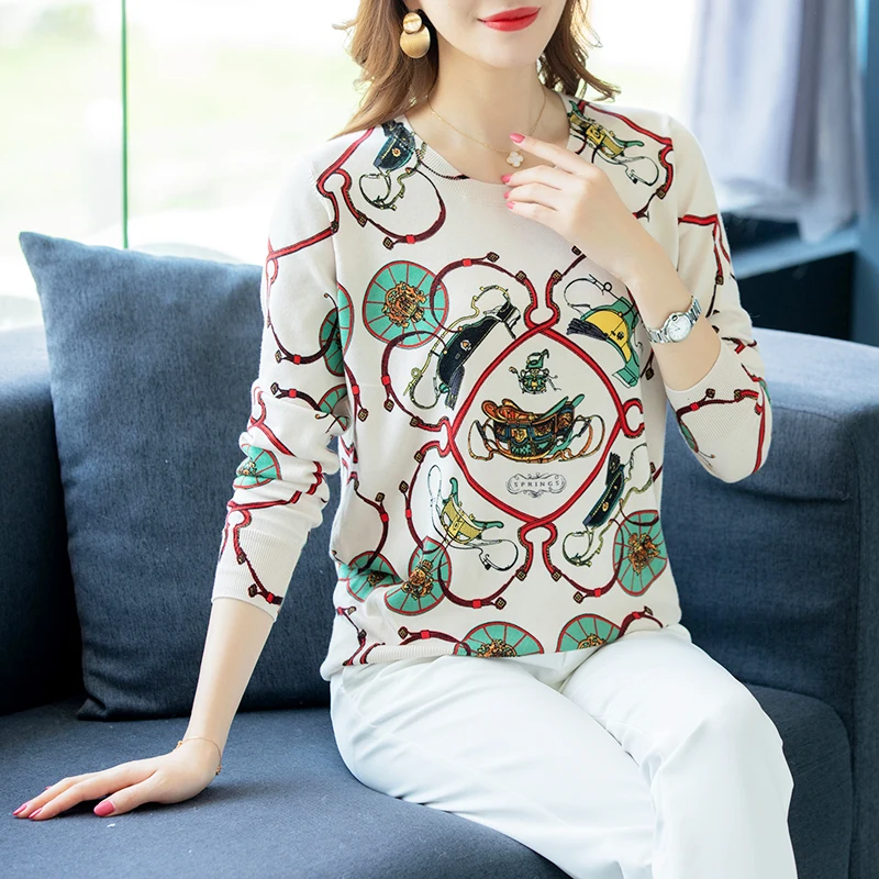 Luxury Designer Brand Runway Sweater Women Elegant Long-sleeve Loose Printed Knitted Pullovers Soft Tops Feminino New | Женская одежда