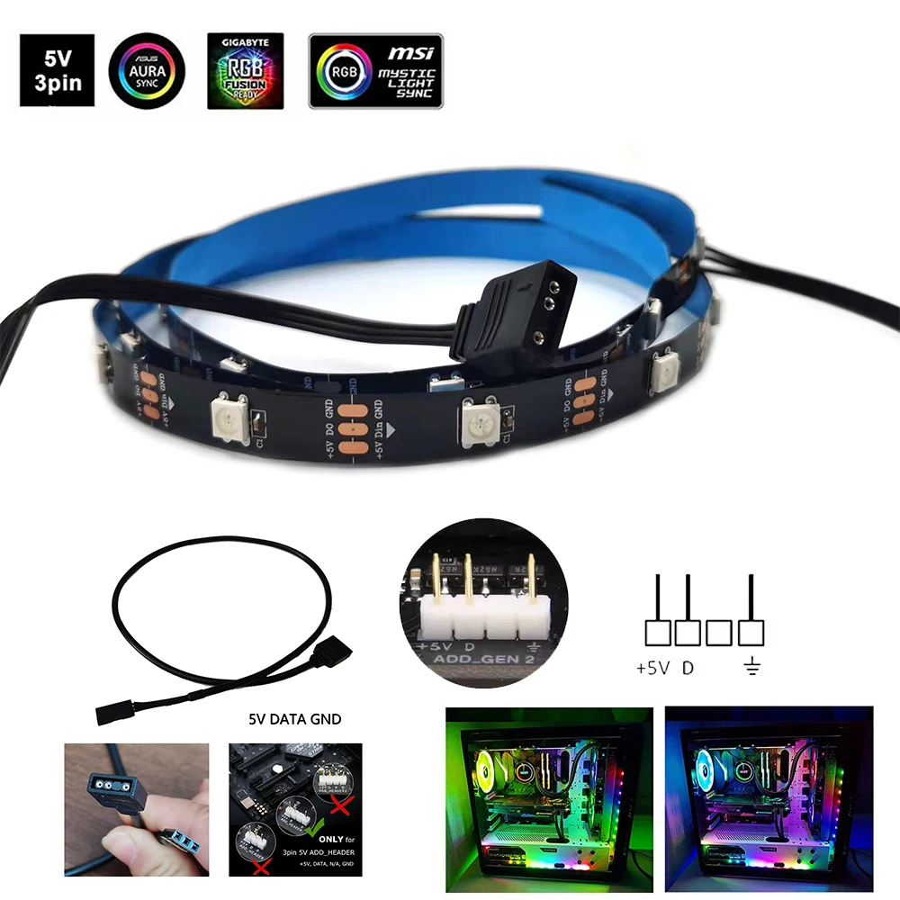 

Addressable Rainbow PC Digital LED Strip Tape for 5V 3pin ARGB Header PC Case Asus Aura Sync Gigabyte RGB Fusion MSI Mystic