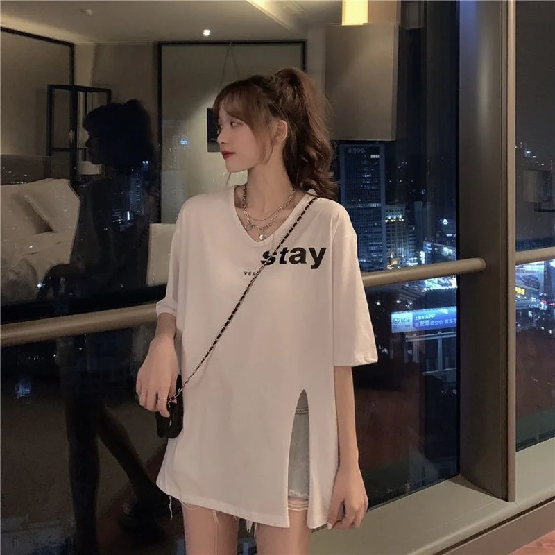 

Short-sleeved T-shirt Women's 2021 Spring and Summer New Loose Student Split V-neck Top Woman Tshirts