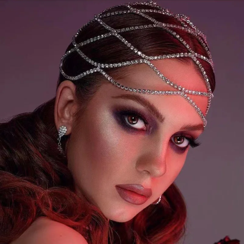 

Mesh Bling Bridal Wedding Rhinestone Headbands Crystal Head Chains Headpiece Festival Costume for Women Girls Jewelry Hair Chain