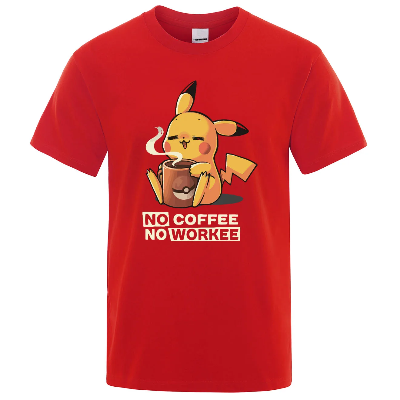 Футболки NO COFFEE NO WORKEE, Пикачу, футболка Pokemon, повседневные мужские футболки с круглым вырезом, Забавные футболки, черные мужские топы, брендовая одежда - Цвет: red 6