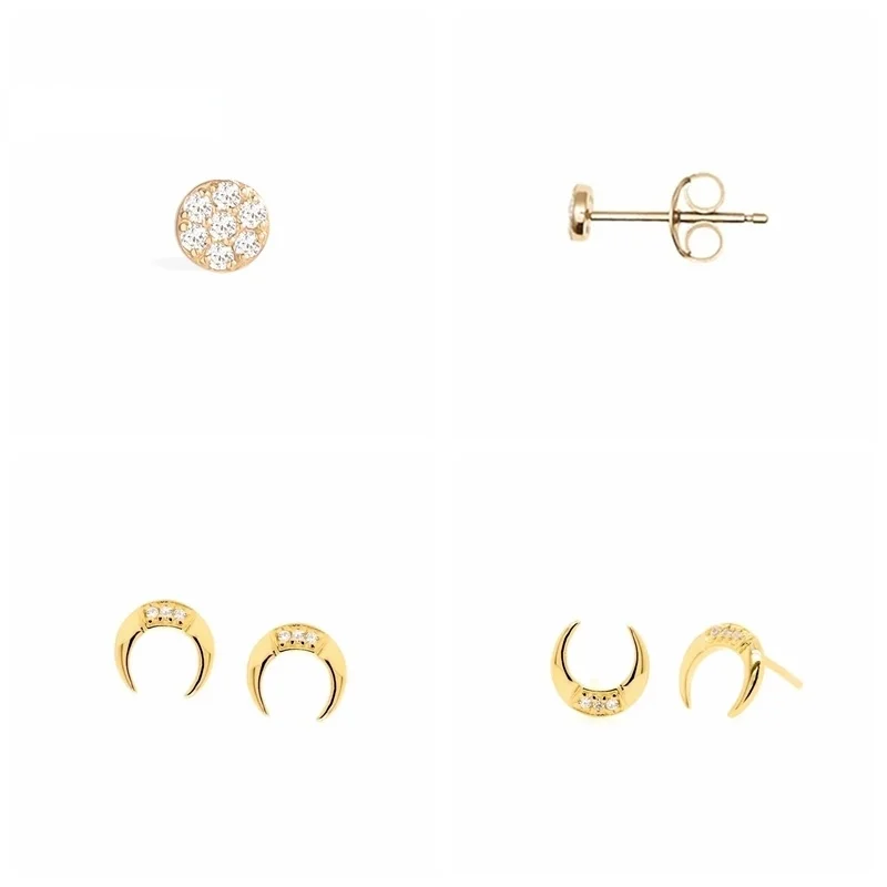 

2021 Real Sterling Silver Earrings For Women Geometric Moon Crescent Stud Earrings Zircon Diamond Korean Jewelry Brincos Gold