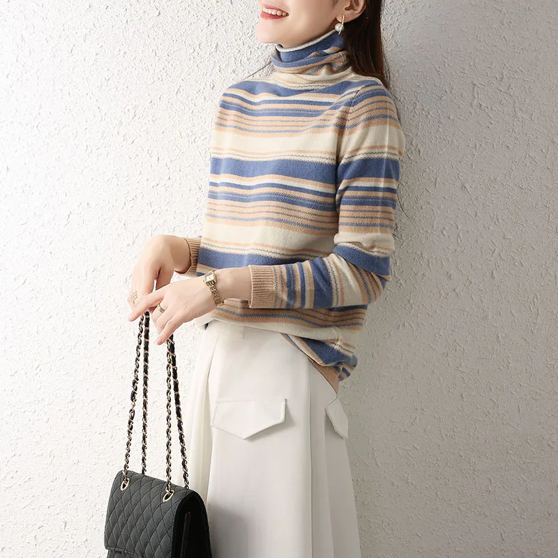 

2020 New Cashmere Sweater Women's High-Neck Color Matching 100% Pure Wool Pullover Fashion Plus Size Warm Knitted Bottoming Shir