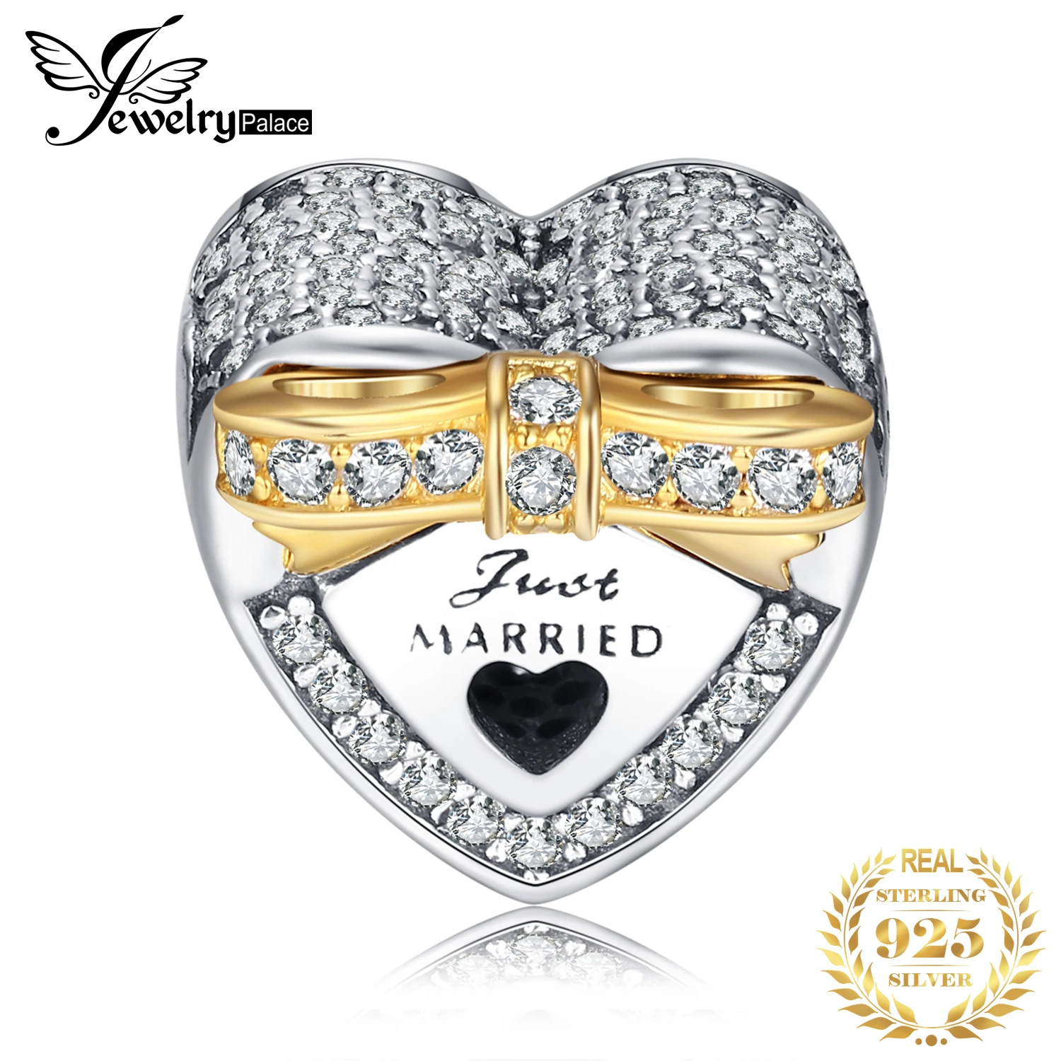 Jewelrypalace стерлингового серебра 925 Marry Me Позолоченные бантом черный муранского Стекло Сердце Бусины Fit Браслеты подарки для нее