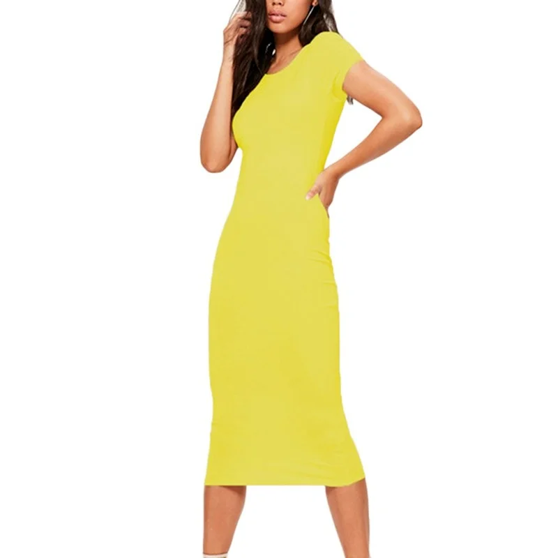 

2021 Summer Pencil Skirt Ladies Solid Color O-neck Short-sleeved Dress Ladies Casual Slim Long Pencil Skirt Office Ladies Dress