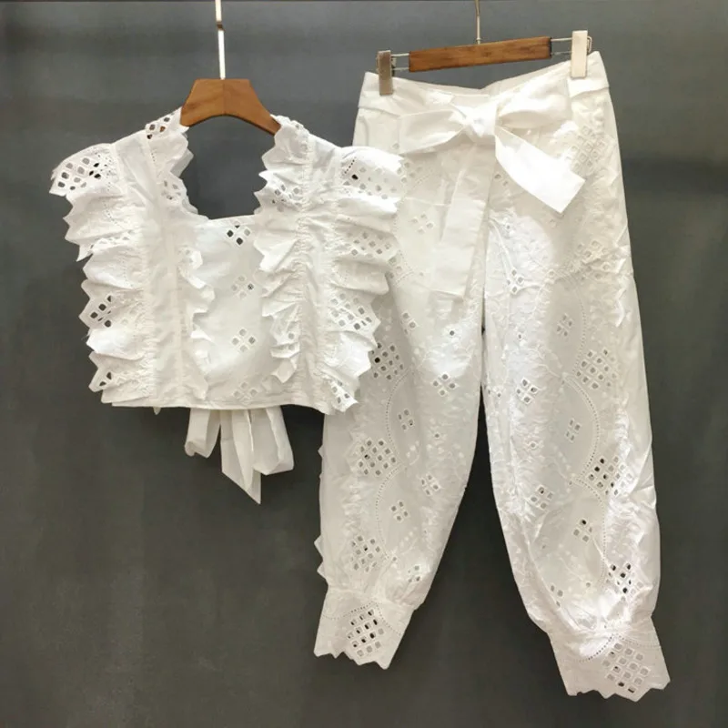 Лето 2019 короткий рукав-лепесток на шнуровке Открытый Топ длинные штаны белый