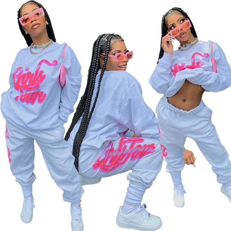 

Women's 2 Piece Set Autumn Winter Long Sleeve Graffiti Style Letter Print Pullover Top + Pants Set Gray Lounge Wear Ladies Suit