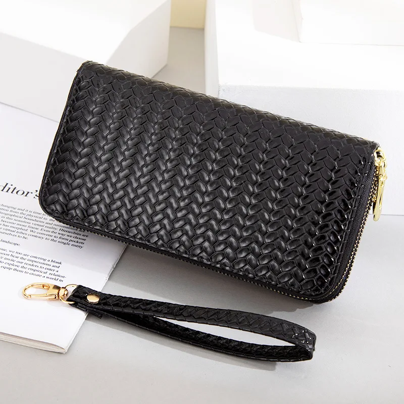 Business Female Clutch Bag Women Fashion Woven Leather Wallet Double Layer Casual Coin Purse Phone Pocket Passport Card Holder