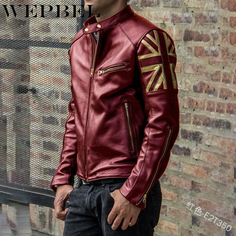 

WEPBEL Mens Fashion Leather Jacket Slim Fit Stand Collar PU Jacket Male Anti-wind Motorcycle Punk Style Zipper Jackets