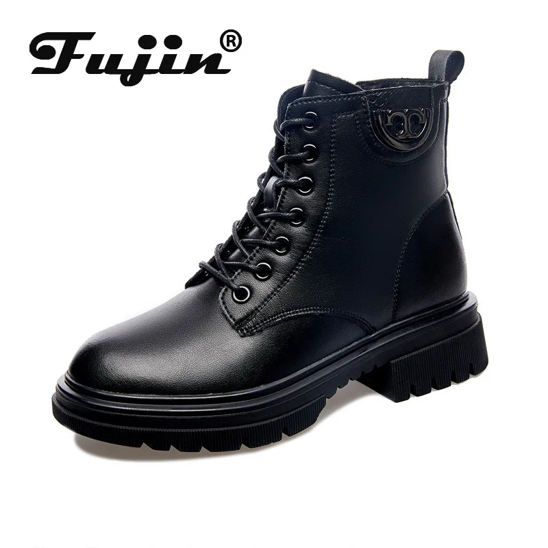 

Fujin Platform Boots Genuine Leather Short Boots Ankle For Women Motorcycle Black Punk Mart Booties Shoes Platform Heel