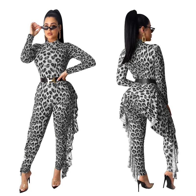 

Women Leopard Print Ruffle Slim Jumpsuit Fall Spring Side Ruffle Bodycon Long Sleeve Jumpsuit Party Bodysuit Clubwear Streetwear