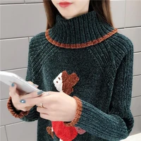 2021 spring and autumn chenille turtleneck sweater female embroidery cartoon image pullover loose knitted base shirt