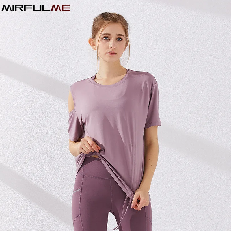

Summer Women T-shirts Sport Female Loose Shirt Yoga Hollow Shoulder T-shirt Fitness Shirt Gym Rope Drawing Tops Quick Dry Blouse
