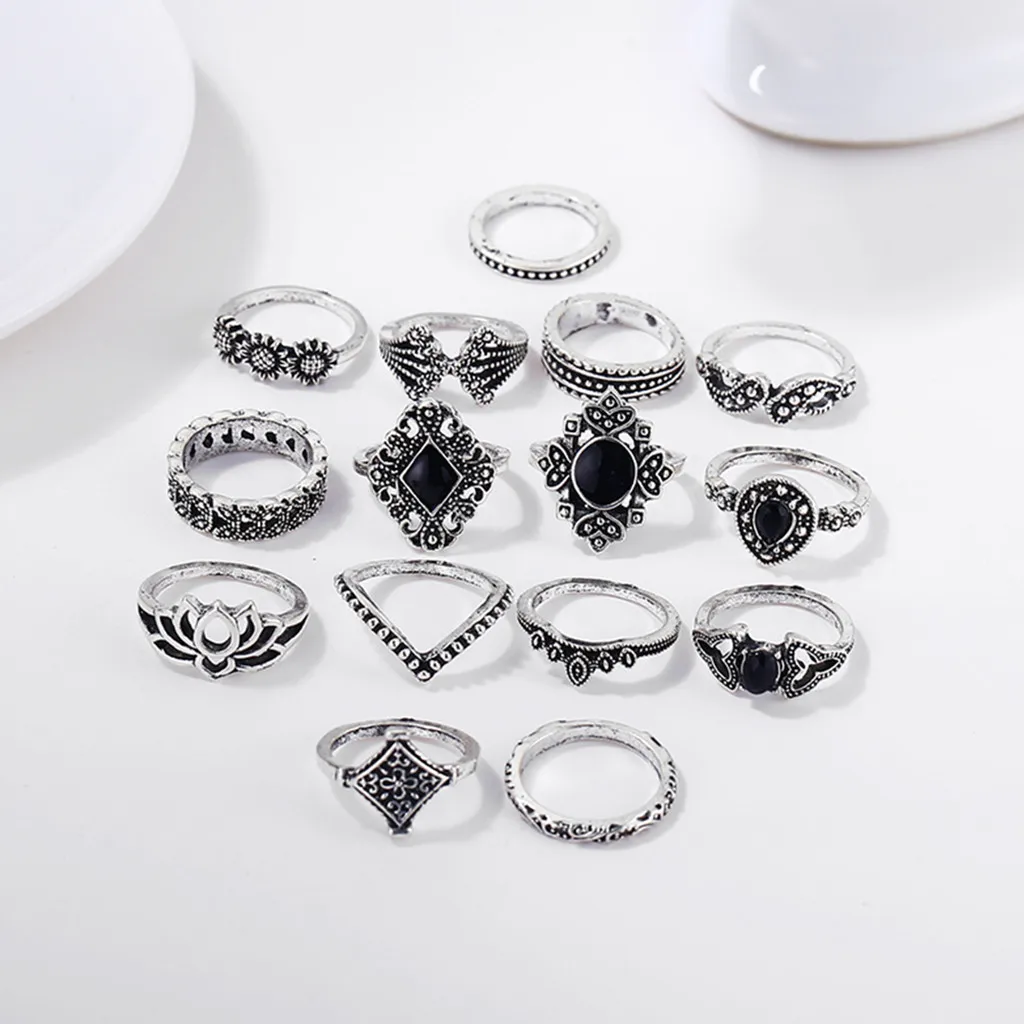 15pcs Silver Color Hollow Lotus Opal Vintage Rings Women Knuckle Ring Set for Mid Finger Thin Bague anillo12.27 | Украшения и