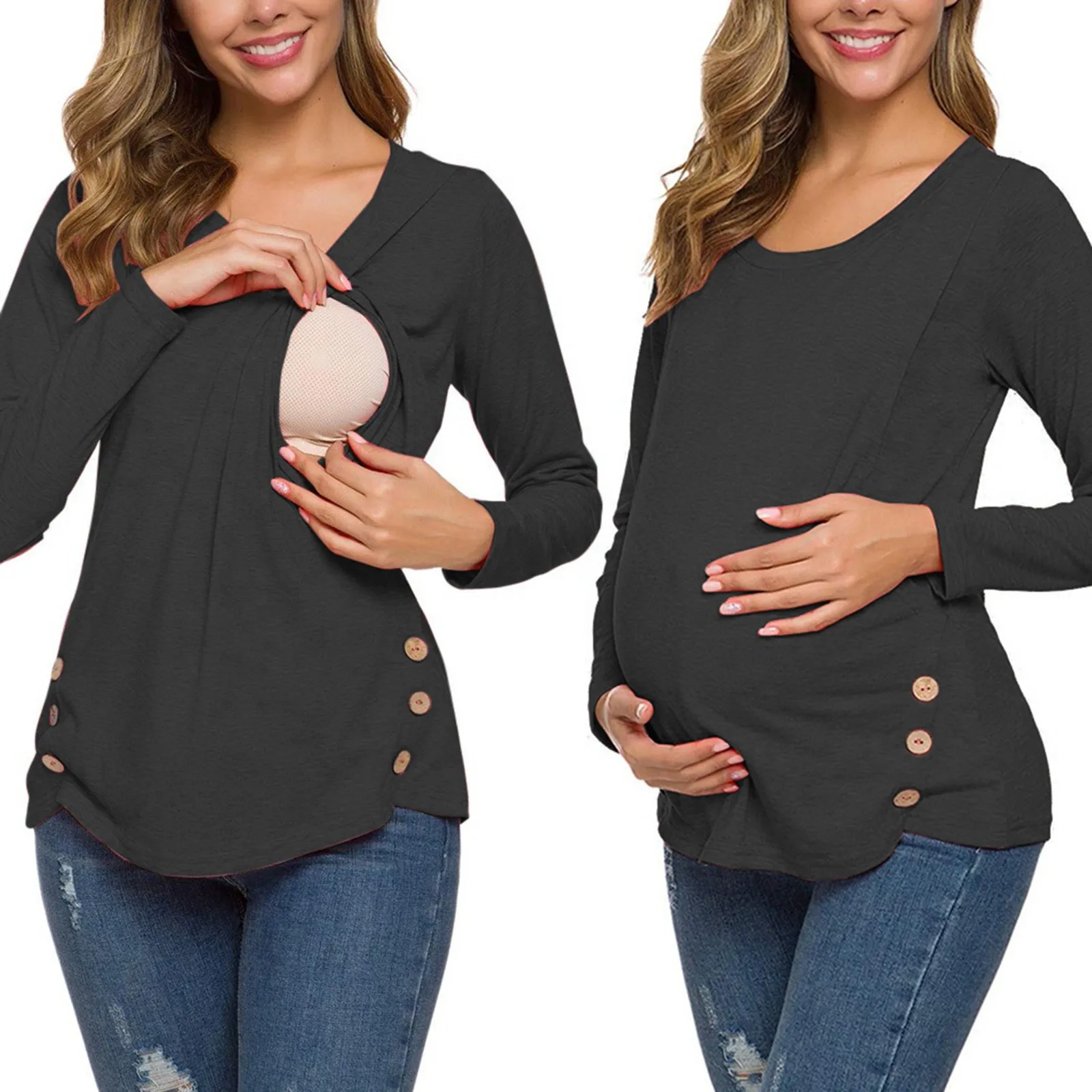 

Women's Maternity Clothes Long Sleeve Side Button Tunic Nursing Tops For Breastfeeding Pregnancy Clothing Top для беременных #9