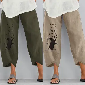 Женские летние шаровары, повседневные хлопковые свободные Асимметричные Брюки ZANZEA с карманами и принтом, брюки большого размера 5XL с эластичным поясом