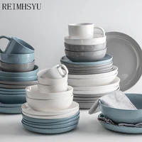 1pc relmhsyu japanese retro style gray blue ceramic rice bowl round steak fruit dinner plates dishes restaurant tableware