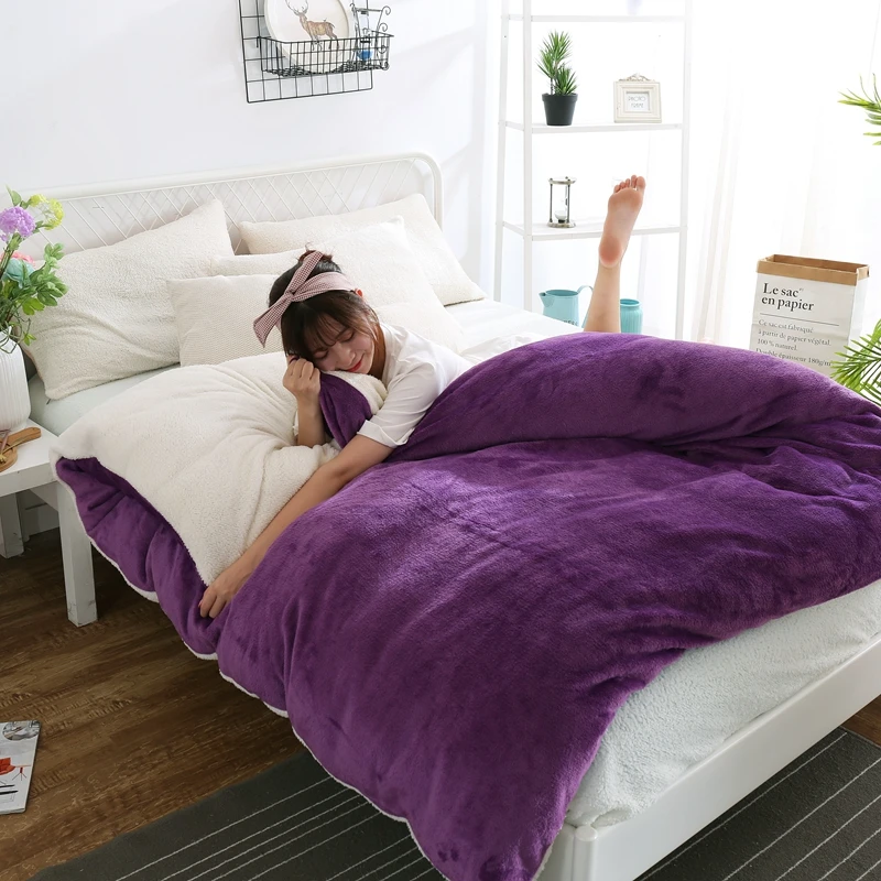 

1pcs Soft Warm Coral Fleece Keep Warm Bed Quilt Covers 220x240 Wash bedding Home Textiles Purple Winter Flannel Duvet Cover