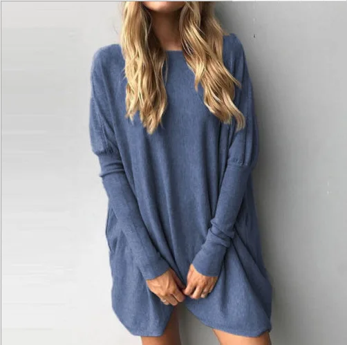 Gray-blue Кашемировый вязаный женский свитер с круглым вырезом и длинным рукавом, вязаный пуловер на осень и зиму, однотонный Повседневный свободный джемпер, топы - Цвет: Gray-blue