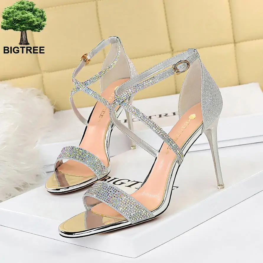 

Bigtree Shoes Open Toe Women's Sandals Sequin Cloth High Heels Rhinestone Women Sandals 2021summer Sandal Heels Stiletto Female