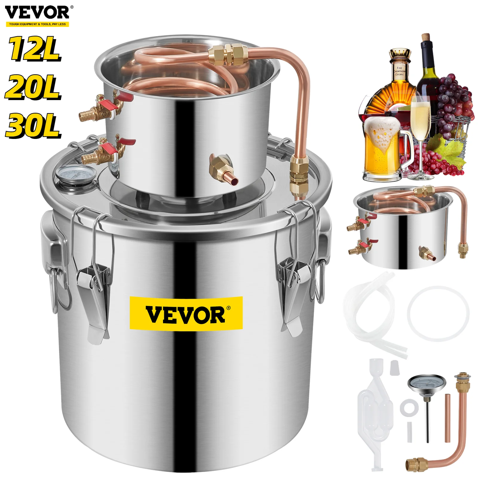 VEVOR 3/5/8 Gal Distiller Alambic Moonshine Alcohol Still Stainless Copper DIY Home Brew Water Wine Essential Oil Brewing Kit