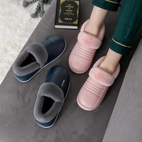 women and men couple winter cotton slippers womens autumn household warm plush shoes men non slip pu leather slippers