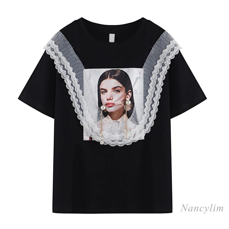 Lace Mesh Patchwork Beaded Printed Loose Short Sleeve T-shirt Women 2021 Summer Clothing New Black Tops Ropas Feminina Blusa