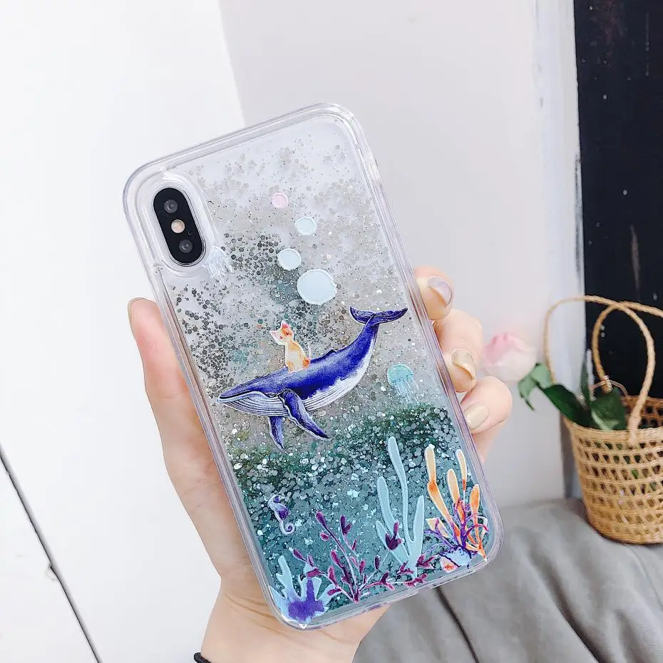 6 Мультфильм Дельфин зыбучие пески чехол для iPhone X 7 6 6s плюс динамический блеск пайетки чехлы для iphone 8 Plus XS MAX XR - Color: 6