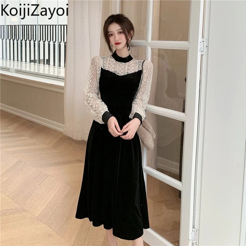 

Женское бархатное длинное платье Koijizayoi в стиле пэчворк, кружевные шикарные корейские платья, женские элегантные облегающие вечерние плать...
