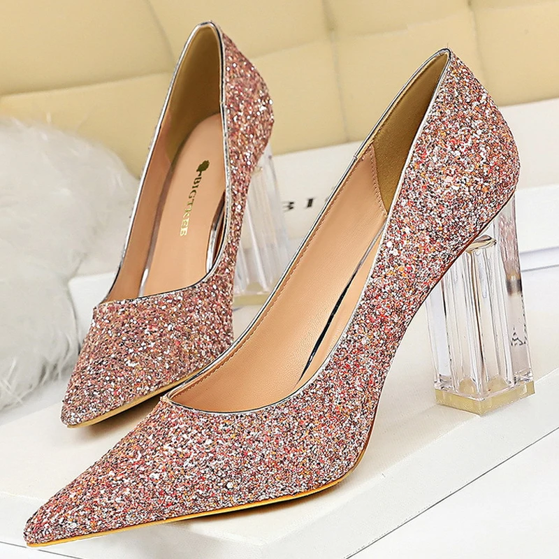 BIGTREE Shoes Luxury Transparent Heels Women Pumps Wedding Shoes Square Heels Ladies Glittery Crystal Rhinestone Sexy High Heel